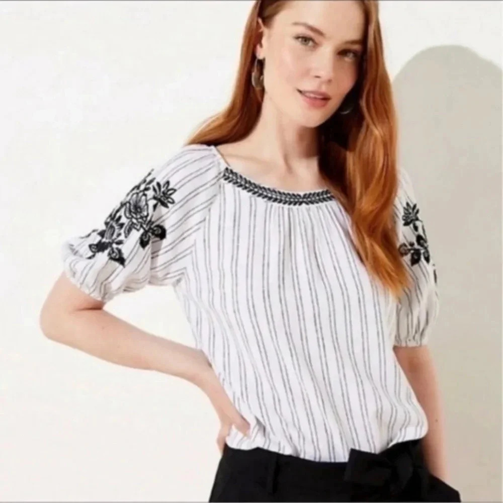 Ann Taylor | LOFT | Floral Stripe Embroidered Linen Blend Blouse Size Small S
